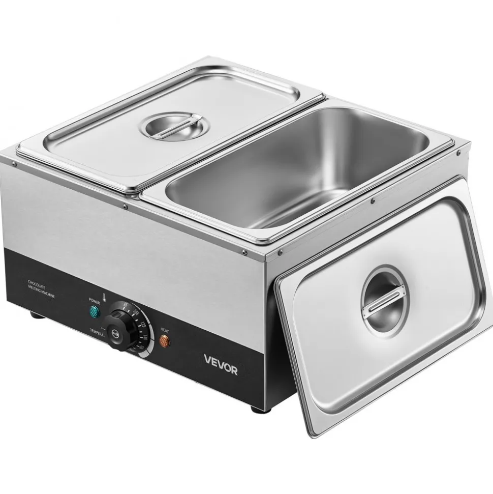 VEVOR Chocolate Melting Machine, 2 Tanks 17.6 Lbs Choc Commercial Melter, 1200W High Power, Water Bath Heating System, Stainless Steel Body, 86℉- 185℉ Temp Range, Chocolate Warmer for Cheese Milk
