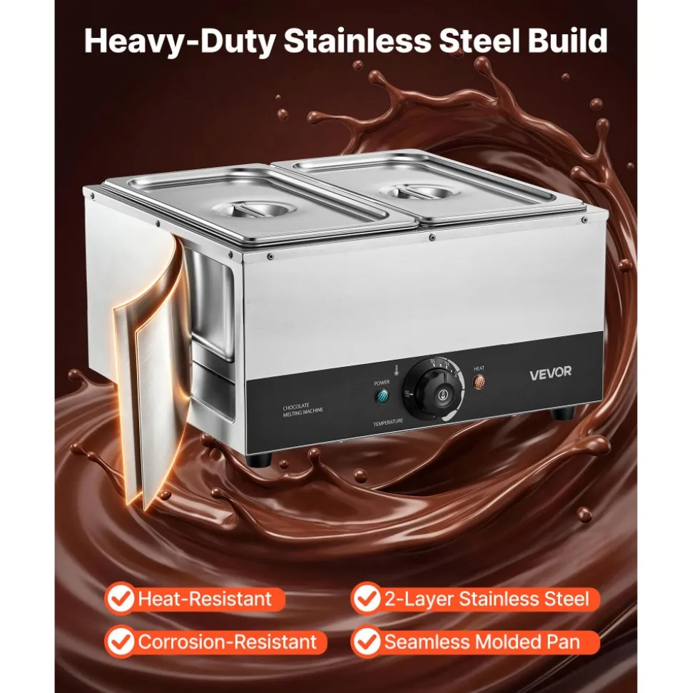 VEVOR Chocolate Melting Machine, 2 Tanks 17.6 Lbs Choc Commercial Melter, 1200W High Power, Water Bath Heating System, Stainless Steel Body, 86℉- 185℉ Temp Range, Chocolate Warmer for Cheese Milk