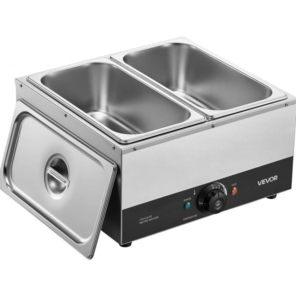 VEVOR Chocolate Melting Machine, 2 Tanks 17.6 Lbs Choc Commercial Melter, 1200W High Power, Water Bath Heating System, Stainless Steel Body, 86℉- 185℉ Temp Range, Chocolate Warmer for Cheese Milk