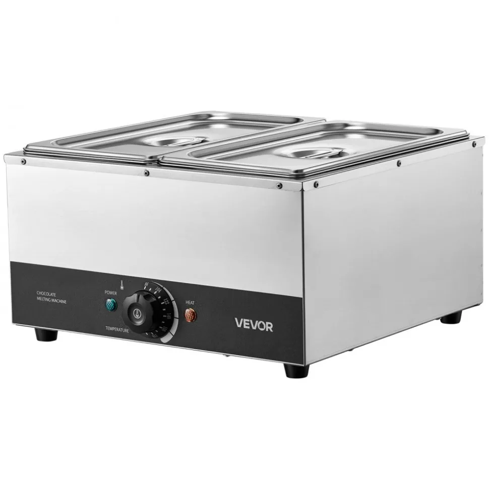 VEVOR Chocolate Melting Machine, 2 Tanks 17.6 Lbs Choc Commercial Melter, 1200W High Power, Water Bath Heating System, Stainless Steel Body, 86℉- 185℉ Temp Range, Chocolate Warmer for Cheese Milk