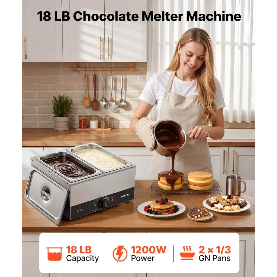 VEVOR Chocolate Melting Machine, 2 Tanks 17.6 Lbs Choc Commercial Melter, 1200W High Power, Water Bath Heating System, Stainless Steel Body, 86℉- 185℉ Temp Range, Chocolate Warmer for Cheese Milk