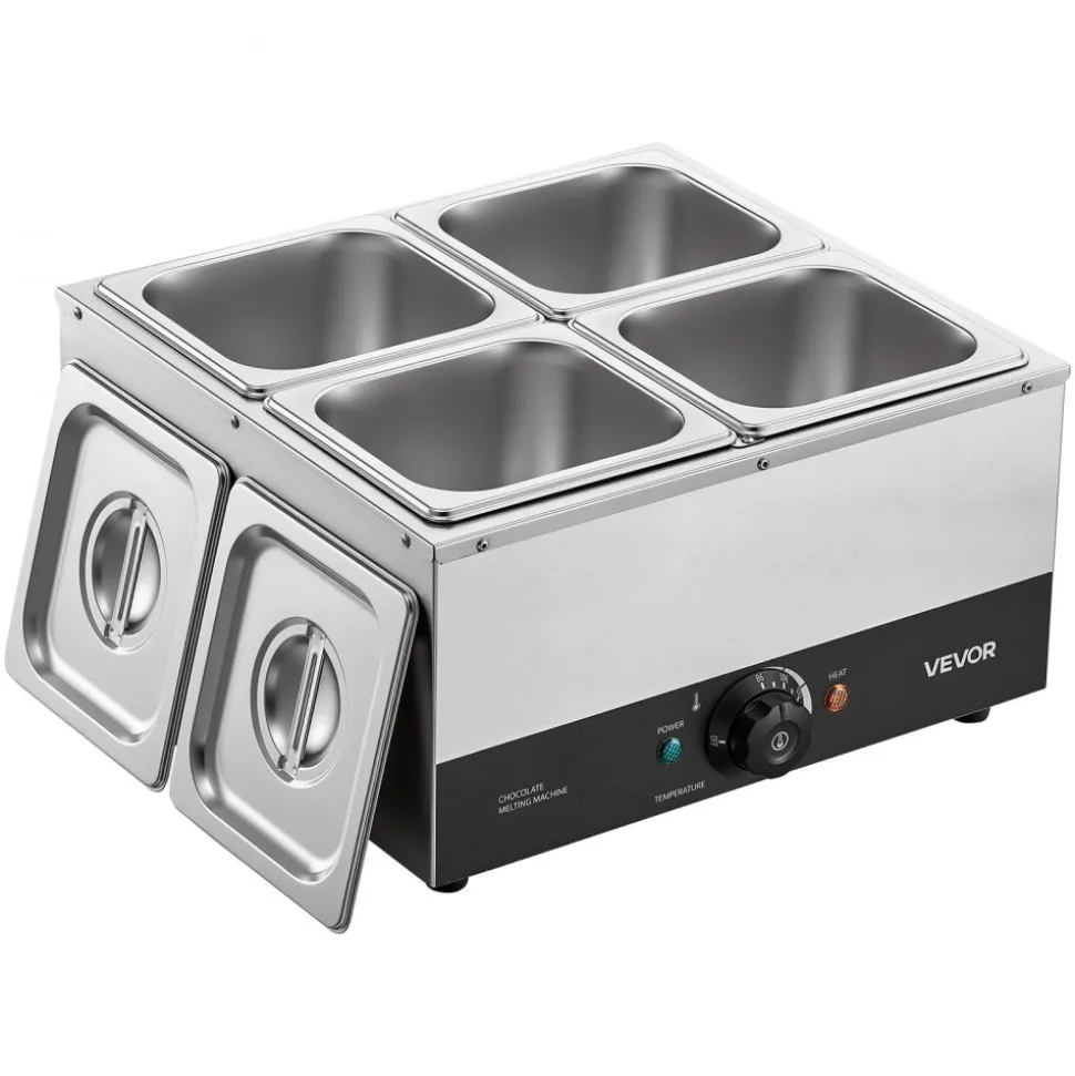 VEVOR Chocolate Melting Machine, 4 Tanks 17.6 Lbs Choc Commercial Melter, 1200W High Power, Water Bath Heating System, Stainless Steel Body, 86℉- 185℉ Temp Range, Chocolate Warmer for Cheese Milk