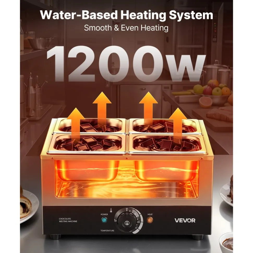 VEVOR Chocolate Melting Machine, 4 Tanks 17.6 Lbs Choc Commercial Melter, 1200W High Power, Water Bath Heating System, Stainless Steel Body, 86℉- 185℉ Temp Range, Chocolate Warmer for Cheese Milk
