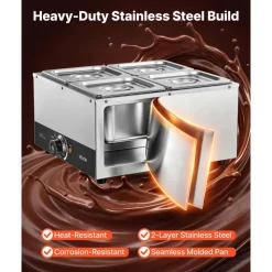 VEVOR Chocolate Melting Machine, 4 Tanks 17.6 Lbs Choc Commercial Melter, 1200W High Power, Water Bath Heating System, Stainless Steel Body, 86℉- 185℉ Temp Range, Chocolate Warmer for Cheese Milk
