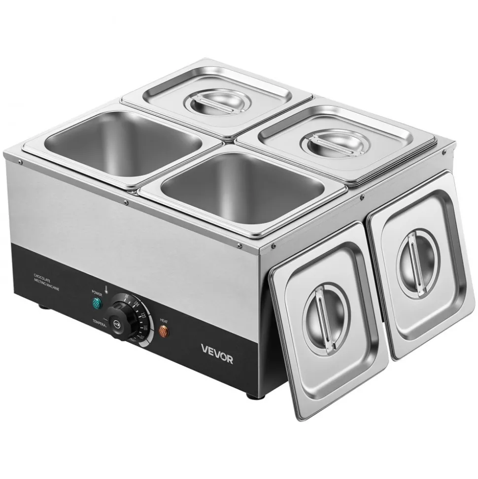 VEVOR Chocolate Melting Machine, 4 Tanks 17.6 Lbs Choc Commercial Melter, 1200W High Power, Water Bath Heating System, Stainless Steel Body, 86℉- 185℉ Temp Range, Chocolate Warmer for Cheese Milk