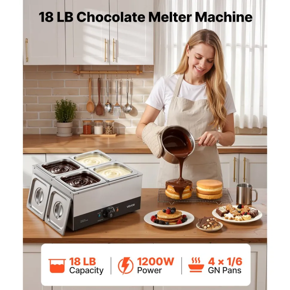 VEVOR Chocolate Melting Machine, 4 Tanks 17.6 Lbs Choc Commercial Melter, 1200W High Power, Water Bath Heating System, Stainless Steel Body, 86℉- 185℉ Temp Range, Chocolate Warmer for Cheese Milk