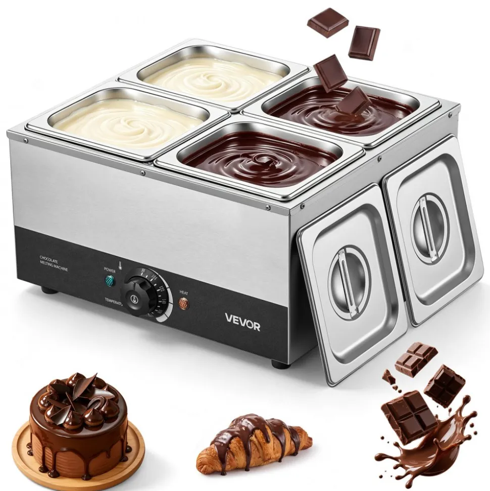 VEVOR Chocolate Melting Machine, 4 Tanks 17.6 Lbs Choc Commercial Melter, 1200W High Power, Water Bath Heating System, Stainless Steel Body, 86℉- 185℉ Temp Range, Chocolate Warmer for Cheese Milk