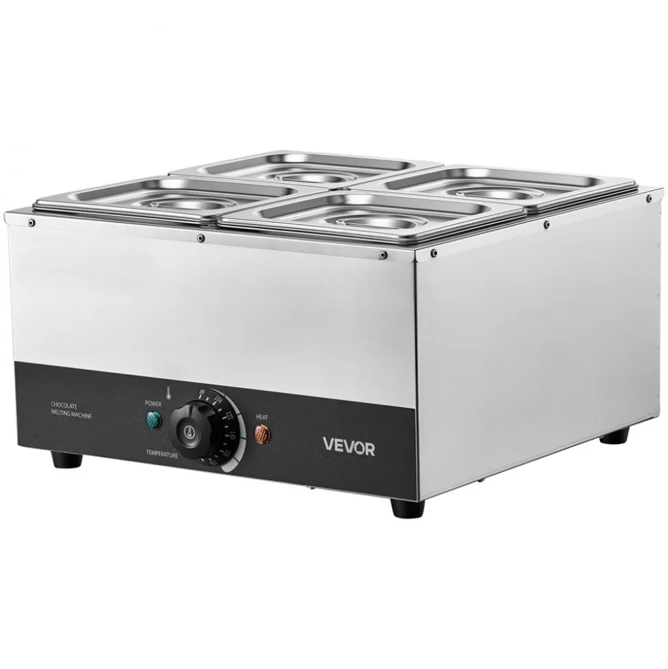 VEVOR Chocolate Melting Machine, 4 Tanks 17.6 Lbs Choc Commercial Melter, 1200W High Power, Water Bath Heating System, Stainless Steel Body, 86℉- 185℉ Temp Range, Chocolate Warmer for Cheese Milk