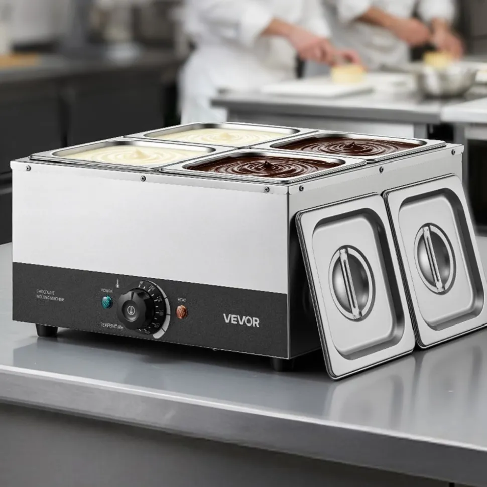 VEVOR Chocolate Melting Machine, 4 Tanks 17.6 Lbs Choc Commercial Melter, 1200W High Power, Water Bath Heating System, Stainless Steel Body, 86℉- 185℉ Temp Range, Chocolate Warmer for Cheese Milk