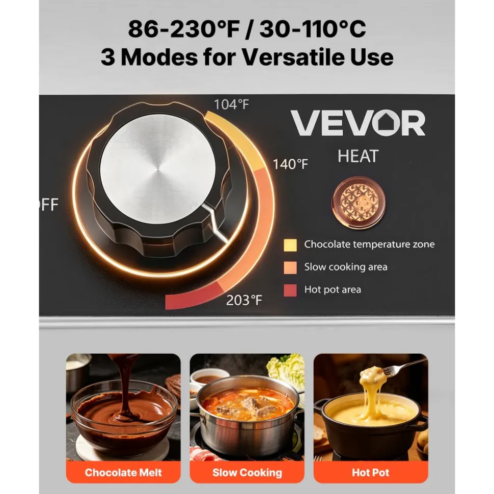 VEVOR Chocolate Melting Machine, 3 Cook Modes, 2 Tanks 9 Lbs Choc Melter, 86℉ - 230℉, 3 Cook Modes, 800W Power, Water Bath Heat System, 1/6 x 2 Pans, Stainless Steel, Cheese Warmer, Commercial & Home