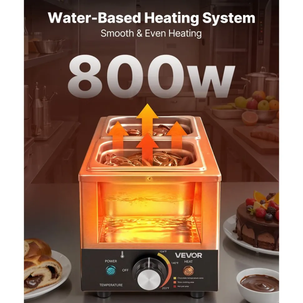 VEVOR Chocolate Melting Machine, 3 Cook Modes, 2 Tanks 9 Lbs Choc Melter, 86℉ - 230℉, 3 Cook Modes, 800W Power, Water Bath Heat System, 1/6 x 2 Pans, Stainless Steel, Cheese Warmer, Commercial & Home