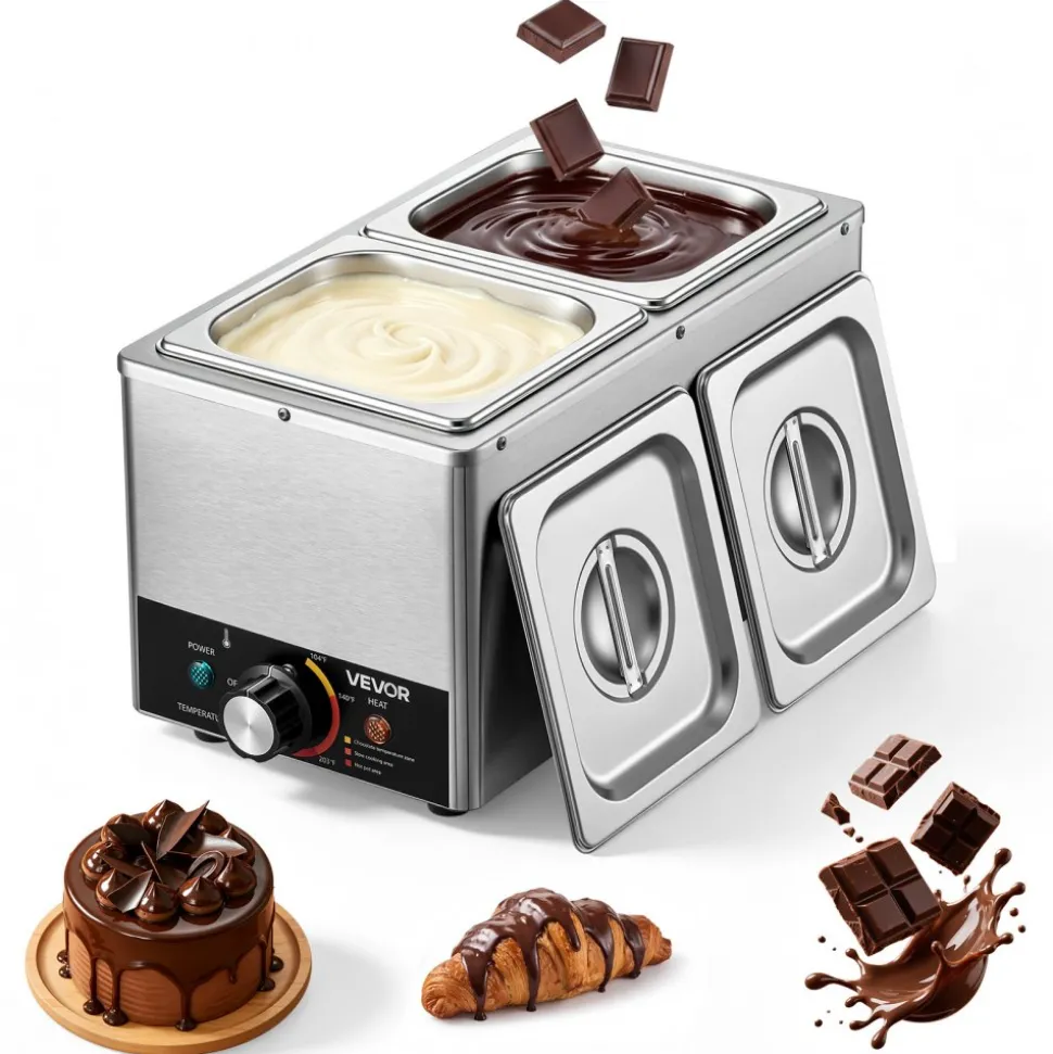 VEVOR Chocolate Melting Machine, 3 Cook Modes, 2 Tanks 9 Lbs Choc Melter, 86℉ - 230℉, 3 Cook Modes, 800W Power, Water Bath Heat System, 1/6 x 2 Pans, Stainless Steel, Cheese Warmer, Commercial & Home