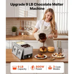 VEVOR Chocolate Melting Machine, 3 Cook Modes, 2 Tanks 9 Lbs Choc Melter, 86℉ - 230℉, 3 Cook Modes, 800W Power, Water Bath Heat System, 1/6 x 2 Pans, Stainless Steel, Cheese Warmer, Commercial & Home