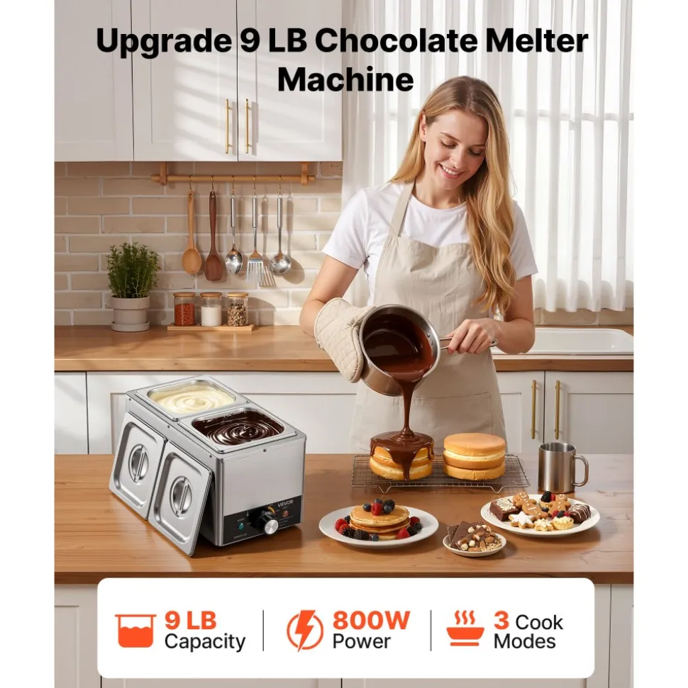 VEVOR Chocolate Melting Machine, 3 Cook Modes, 2 Tanks 9 Lbs Choc Melter, 86℉ - 230℉, 3 Cook Modes, 800W Power, Water Bath Heat System, 1/6 x 2 Pans, Stainless Steel, Cheese Warmer, Commercial & Home