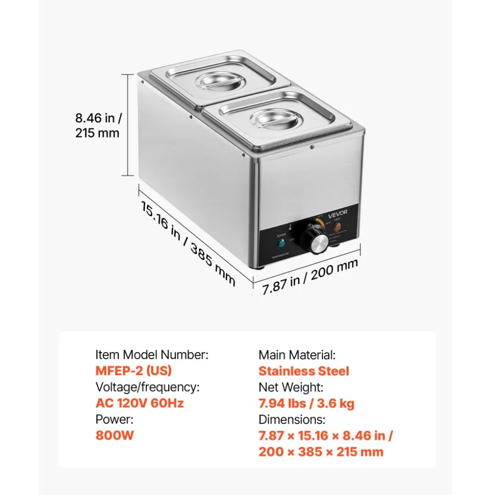 VEVOR Chocolate Melting Machine, 3 Cook Modes, 2 Tanks 9 Lbs Choc Melter, 86℉ - 230℉, 3 Cook Modes, 800W Power, Water Bath Heat System, 1/6 x 2 Pans, Stainless Steel, Cheese Warmer, Commercial & Home