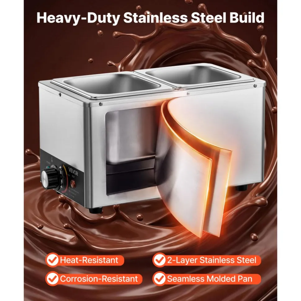 VEVOR Chocolate Melting Machine, 3 Cook Modes, 2 Tanks 9 Lbs Choc Melter, 86℉ - 230℉, 3 Cook Modes, 800W Power, Water Bath Heat System, 1/6 x 2 Pans, Stainless Steel, Cheese Warmer, Commercial & Home