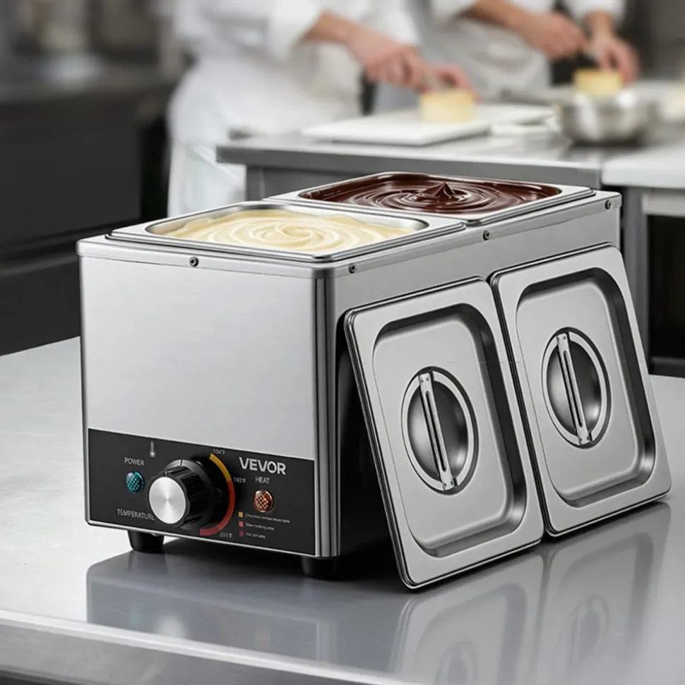 VEVOR Chocolate Melting Machine, 3 Cook Modes, 2 Tanks 9 Lbs Choc Melter, 86℉ - 230℉, 3 Cook Modes, 800W Power, Water Bath Heat System, 1/6 x 2 Pans, Stainless Steel, Cheese Warmer, Commercial & Home