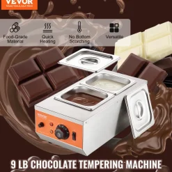 VEVOR Chocolate Tempering Machine, 9 Lbs 2 Tanks Chocolate Melting Pot with TEMP Control 86~185℉, 800W Stainless Steel Electric Commercial Food Warmer For Chocolate/Milk/Cream Melting and Heating