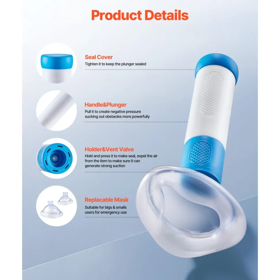 VEVOR Choking Rescue Device, Portable Airway Clear Anti Choking Suction Device with 4 Multi-size Masks and 1 Storage Bag, First Aid Kit for Removing Blocked Objects, for Home, School, Travel