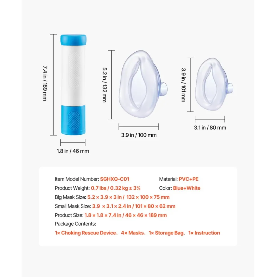 VEVOR Choking Rescue Device, Portable Airway Clear Anti Choking Suction Device with 4 Multi-size Masks and 1 Storage Bag, First Aid Kit for Removing Blocked Objects, for Home, School, Travel