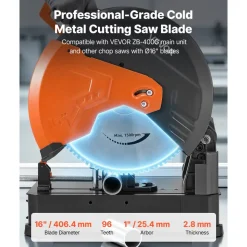 VEVOR Chop Saw Blade 16-in 96 Teeth Cermet-Tipped Metal Cold Cutting Blade, Compatible with Chop Saws, 4000 Cuts, Cutting Smooth Surfaces with No Burrs, Noise Reduction and Heat Dissipation Holes