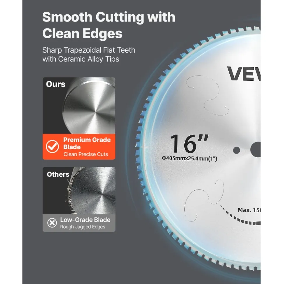 VEVOR Chop Saw Blade 16-in 96 Teeth Cermet-Tipped Metal Cold Cutting Blade, Compatible with Chop Saws, 4000 Cuts, Cutting Smooth Surfaces with No Burrs, Noise Reduction and Heat Dissipation Holes