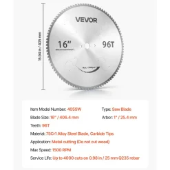VEVOR Chop Saw Blade 16-in 96 Teeth Cermet-Tipped Metal Cold Cutting Blade, Compatible with Chop Saws, 4000 Cuts, Cutting Smooth Surfaces with No Burrs, Noise Reduction and Heat Dissipation Holes
