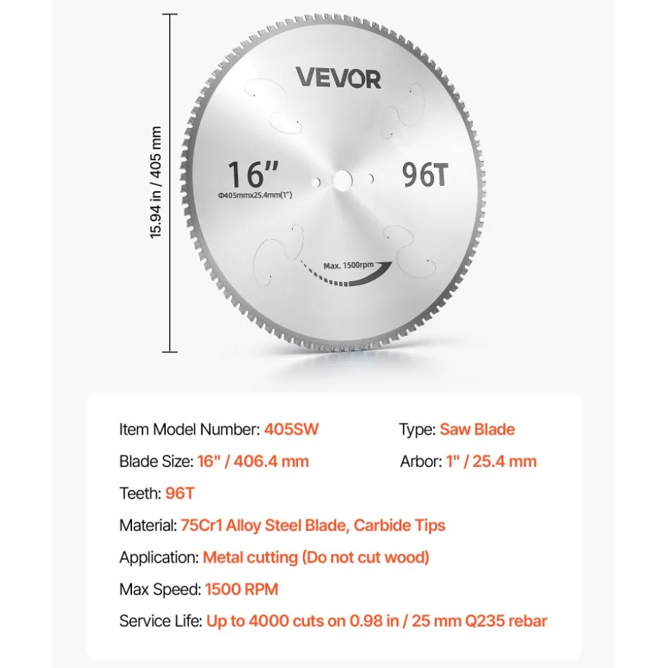 VEVOR Chop Saw Blade 16-in 96 Teeth Cermet-Tipped Metal Cold Cutting Blade, Compatible with Chop Saws, 4000 Cuts, Cutting Smooth Surfaces with No Burrs, Noise Reduction and Heat Dissipation Holes