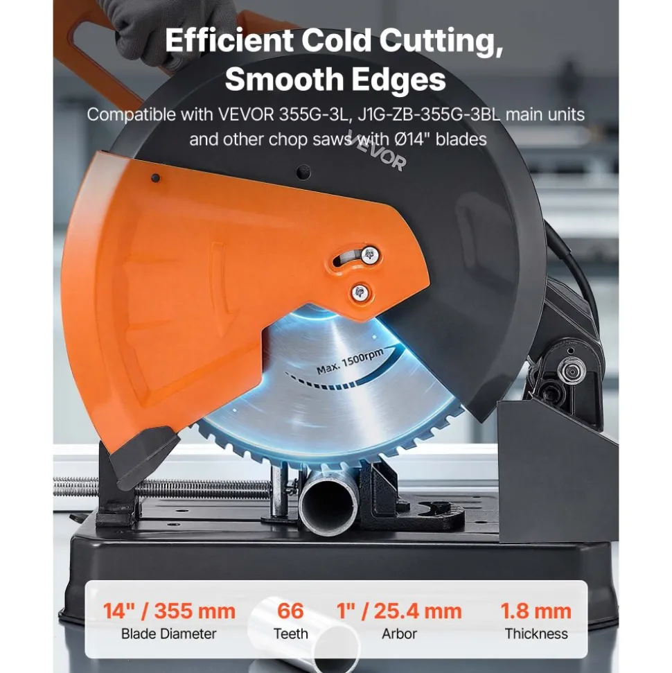 VEVOR Chop Saw Blade 14-in 66 Teeth Cermet-Tipped Metal Cold Cutting Blade, Compatible with Chop Saws, 4000 Cuts, Cutting Smooth Surfaces with No Burrs, Noise Reduction and Heat Dissipation Holes