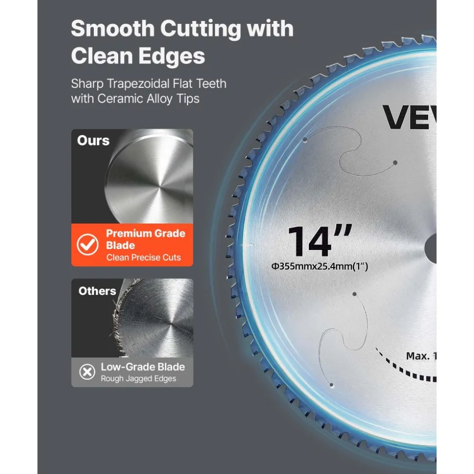 VEVOR Chop Saw Blade 14-in 66 Teeth Cermet-Tipped Metal Cold Cutting Blade, Compatible with Chop Saws, 4000 Cuts, Cutting Smooth Surfaces with No Burrs, Noise Reduction and Heat Dissipation Holes