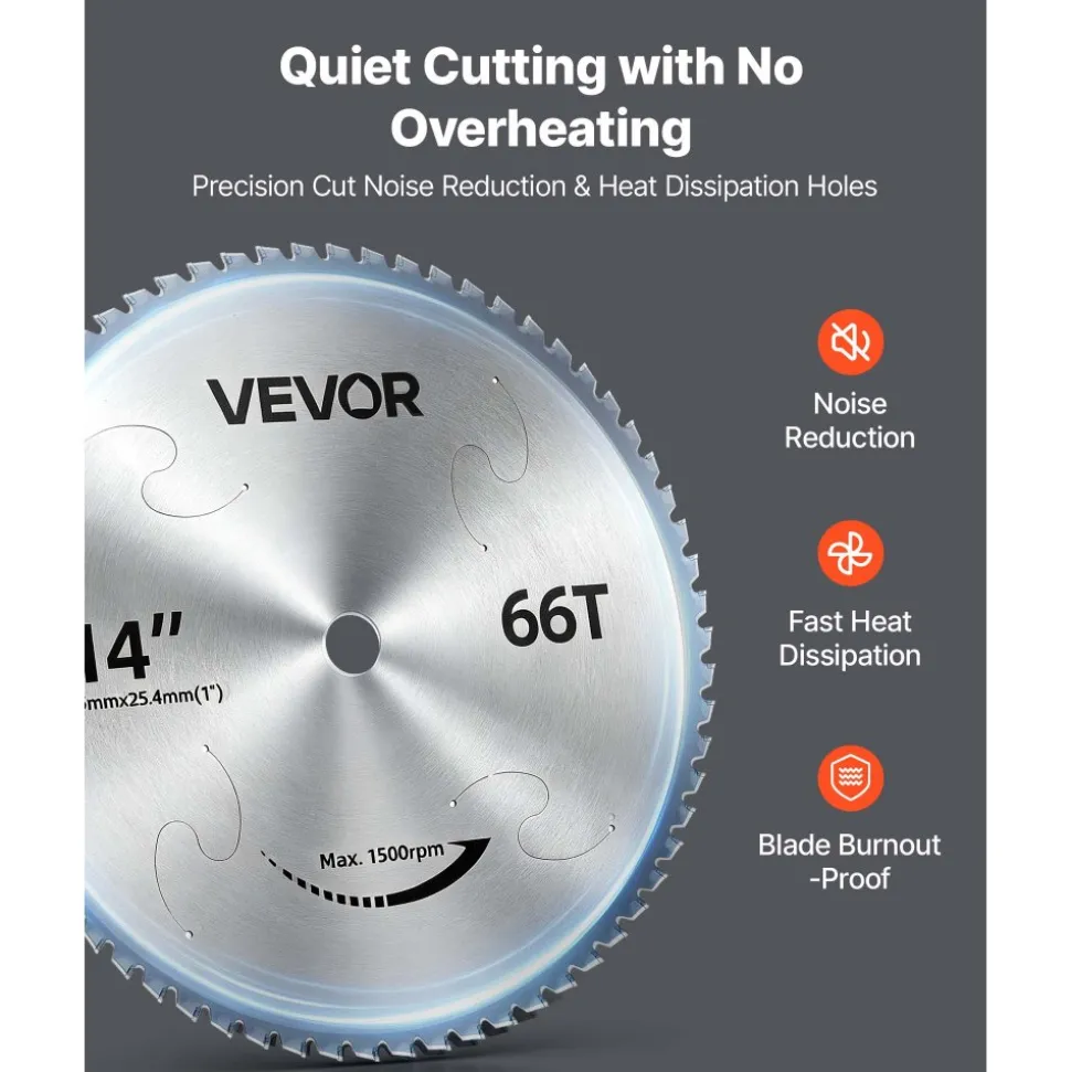 VEVOR Chop Saw Blade 14-in 66 Teeth Cermet-Tipped Metal Cold Cutting Blade, Compatible with Chop Saws, 4000 Cuts, Cutting Smooth Surfaces with No Burrs, Noise Reduction and Heat Dissipation Holes
