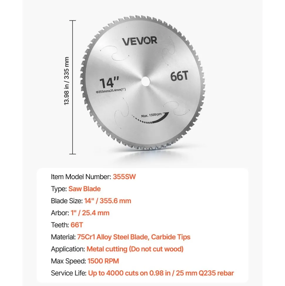 VEVOR Chop Saw Blade 14-in 66 Teeth Cermet-Tipped Metal Cold Cutting Blade, Compatible with Chop Saws, 4000 Cuts, Cutting Smooth Surfaces with No Burrs, Noise Reduction and Heat Dissipation Holes