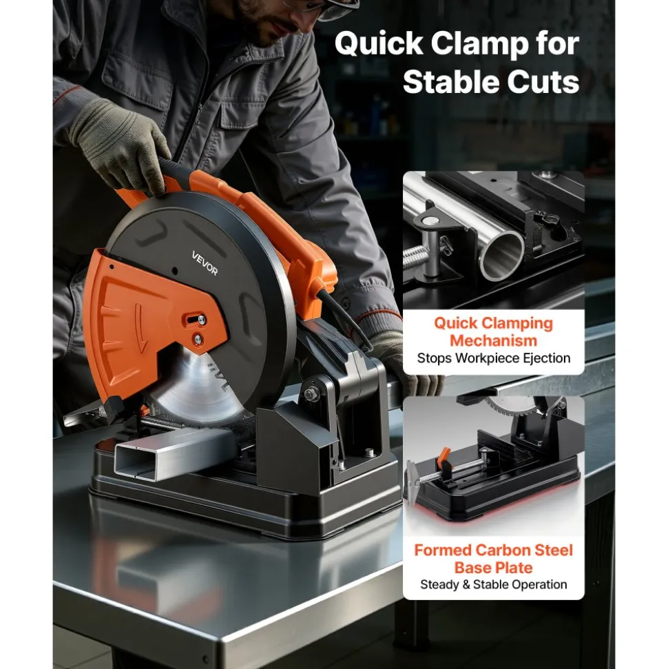VEVOR Chop Saw 14-inch Cold Cut Blade 2800 W Powerful Motor Cut Off Saw, For Cutting Metal, -45° to 45° Adjustable Angle, Efficient Dry Cutting, with Thickened Blade Guard and Chip Collection Box