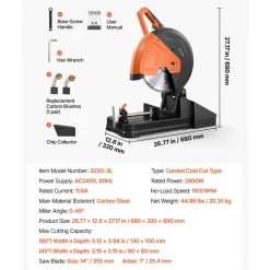VEVOR Chop Saw 14-inch Cold Cut Blade 2800 W Powerful Motor Cut Off Saw, For Cutting Metal, -45° to 45° Adjustable Angle, Efficient Dry Cutting, with Thickened Blade Guard and Chip Collection Box