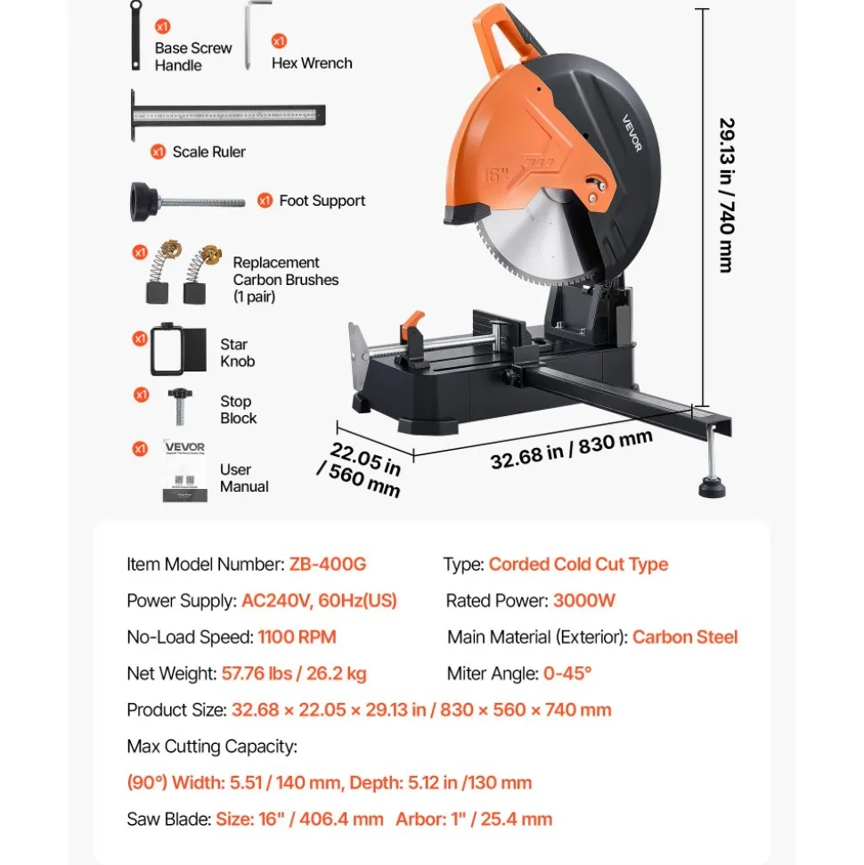 VEVOR Chop Saw 16-inch Cold Cut Blade 3000 W Powerful Motor Cut Off Saw, For Cutting Metal, -45° to 45° Adjustable Angle, Efficient Dry Cutting, Stable, with Thickened Blade Guard and Scale Ruler