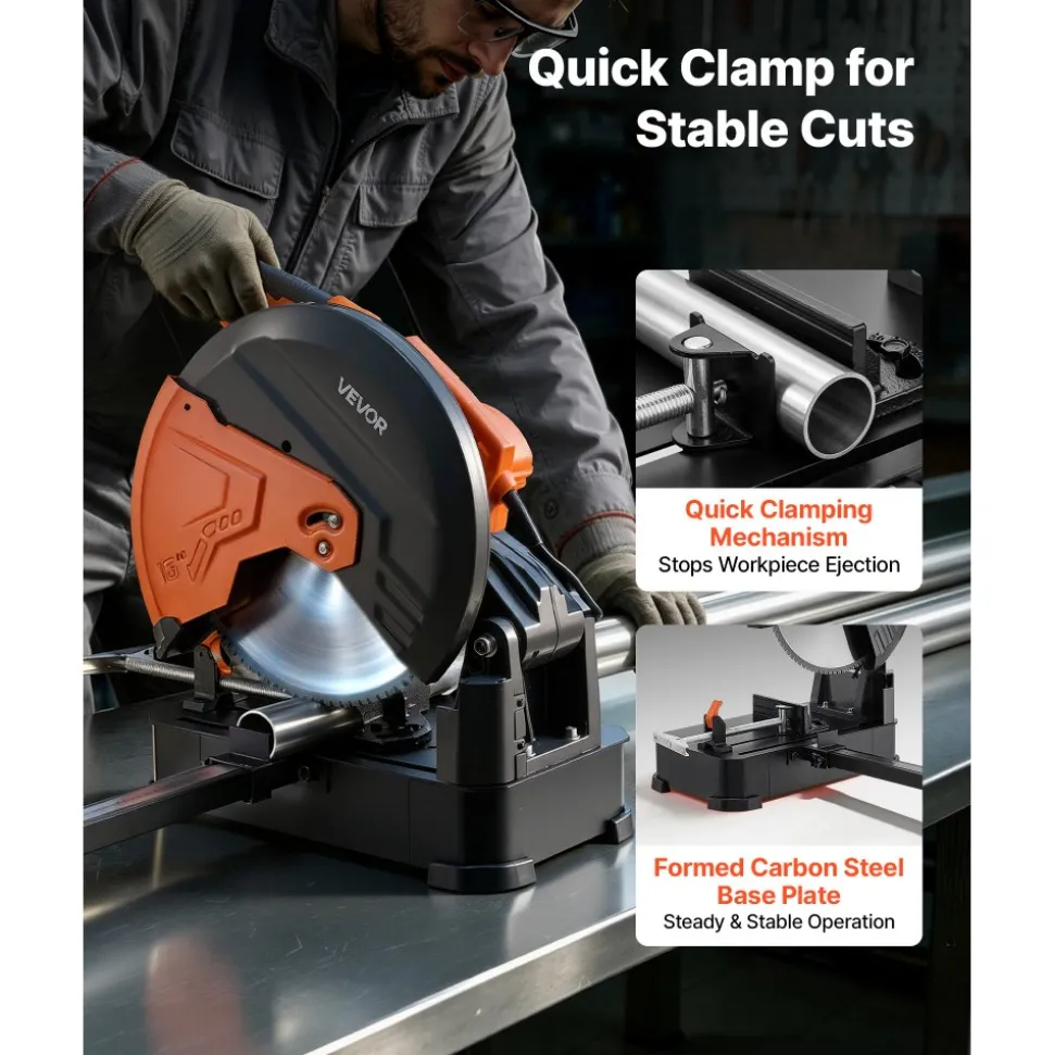 VEVOR Chop Saw 16-inch Cold Cut Blade 3000 W Powerful Motor Cut Off Saw, For Cutting Metal, -45° to 45° Adjustable Angle, Efficient Dry Cutting, Stable, with Thickened Blade Guard and Scale Ruler