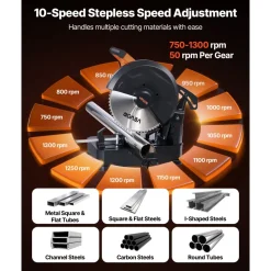 VEVOR Chop Saw, 14-inch Stainless Steel Cold Cut Blade, 3500 W Powerful Brushless Motor, 750-1200 r/min Adjustable Speed, Metal Cutting Chop Saw for Metal Square and Flat Tubes, Steels (240V/60HZ)