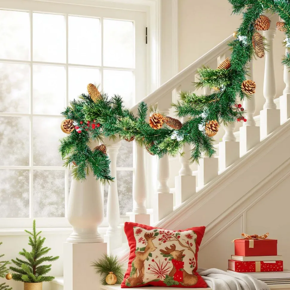 VEVOR Christmas Garland, 9-Ft Artificial Christmas Garland with Light String, Faux Greenery Decoration with Berry Clusters, Pine Needles, Pine Cones, Realistic Xmas Collection for Mantel & Fireplace