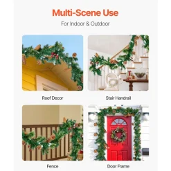 VEVOR Christmas Garland, 9-Ft Artificial Christmas Garland with Light String, Faux Greenery Decoration with Berry Clusters, Pine Needles, Pine Cones, Realistic Xmas Collection for Mantel & Fireplace