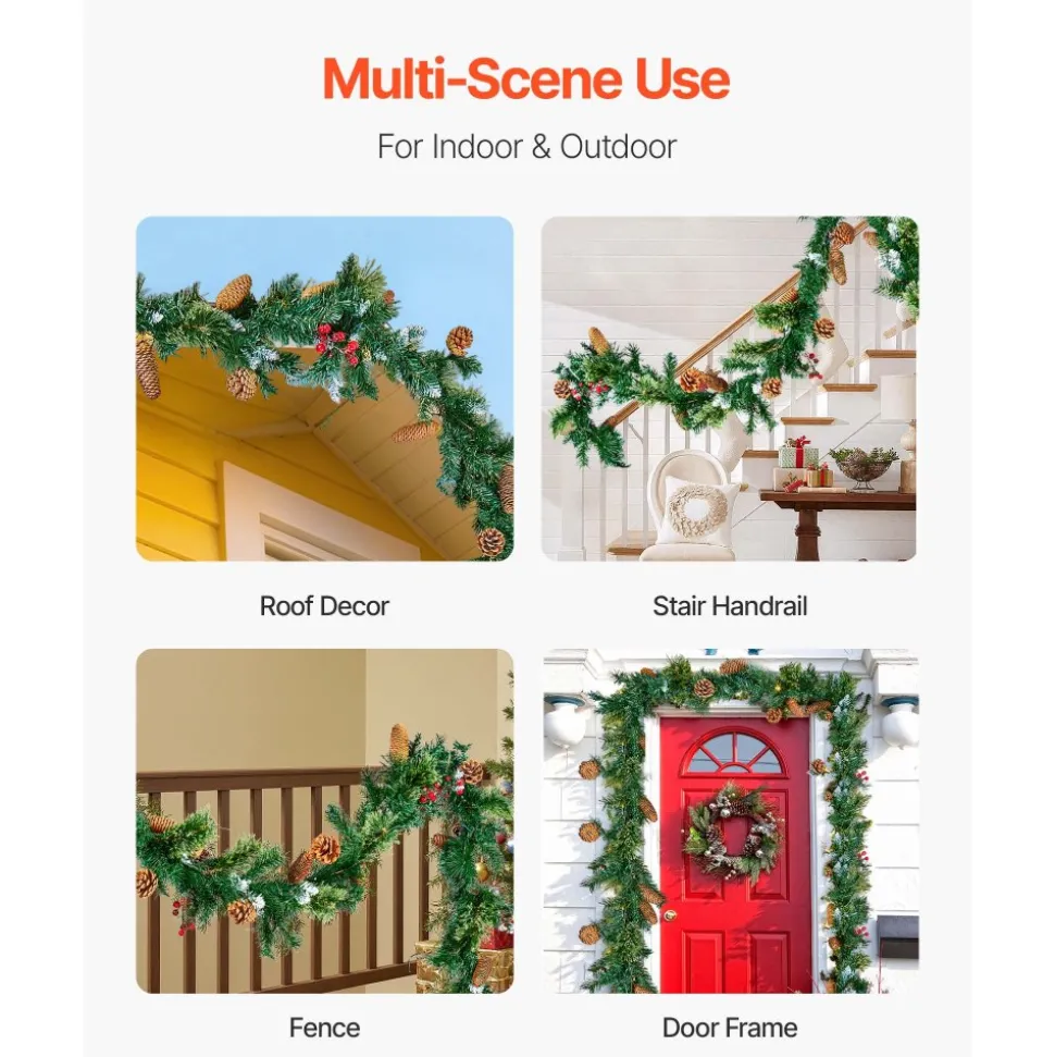 VEVOR Christmas Garland, 9-Ft Artificial Christmas Garland with Light String, Faux Greenery Decoration with Berry Clusters, Pine Needles, Pine Cones, Realistic Xmas Collection for Mantel & Fireplace