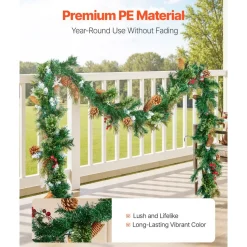 VEVOR Christmas Garland, 9-Ft Artificial Christmas Garland with Light String, Faux Greenery Decoration with Berry Clusters, Pine Needles, Pine Cones, Realistic Xmas Collection for Mantel & Fireplace