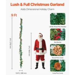 VEVOR Christmas Garland, 9-Ft Artificial Christmas Garland with Light String, Faux Greenery Decoration with Berry Clusters, Pine Needles, Pine Cones, Realistic Xmas Collection for Mantel & Fireplace