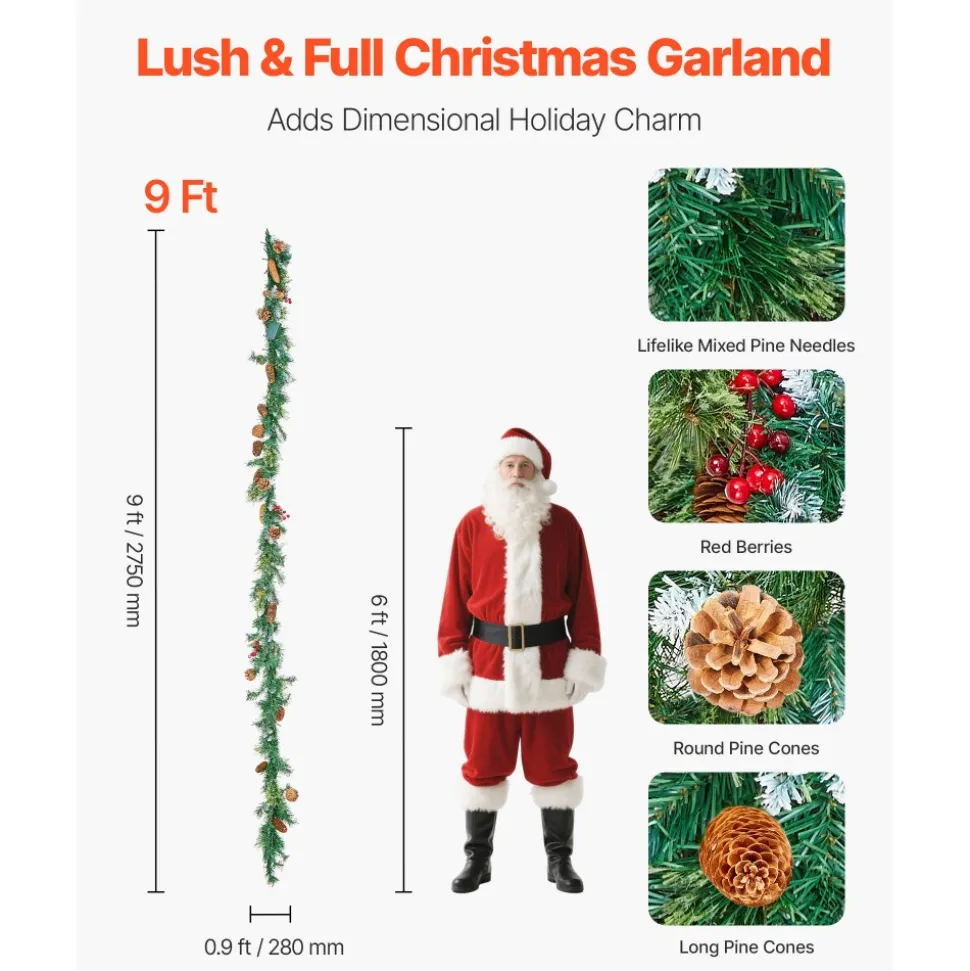 VEVOR Christmas Garland, 9-Ft Artificial Christmas Garland with Light String, Faux Greenery Decoration with Berry Clusters, Pine Needles, Pine Cones, Realistic Xmas Collection for Mantel & Fireplace