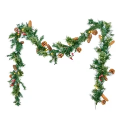 VEVOR Christmas Garland, 9-Ft Artificial Christmas Garland with Light String, Faux Greenery Decoration with Berry Clusters, Pine Needles, Pine Cones, Realistic Xmas Collection for Mantel & Fireplace