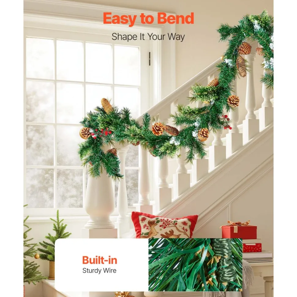VEVOR Christmas Garland, 9-Ft Artificial Christmas Garland with Light String, Faux Greenery Decoration with Berry Clusters, Pine Needles, Pine Cones, Realistic Xmas Collection for Mantel & Fireplace