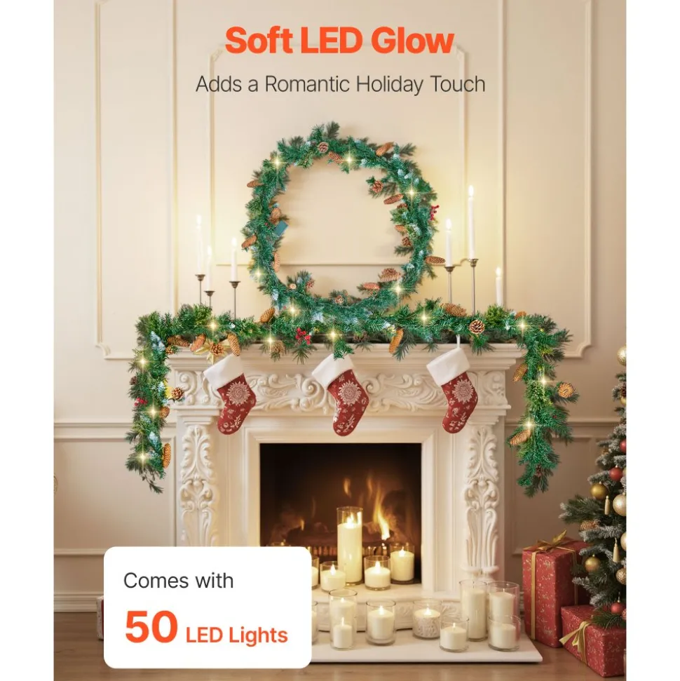 VEVOR Christmas Garland, 9-Ft Artificial Christmas Garland with Light String, Faux Greenery Decoration with Berry Clusters, Pine Needles, Pine Cones, Realistic Xmas Collection for Mantel & Fireplace