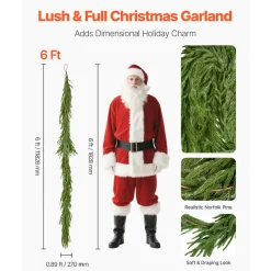 VEVOR Christmas Garland, 6-FT Realistic Norfolk Pine Garland, Evergreen Real Touch Artificial Faux Greenery Garlands, for Holiday Indoor Outdoor Xmas Decoration on Table, Mantel, and Fireplace