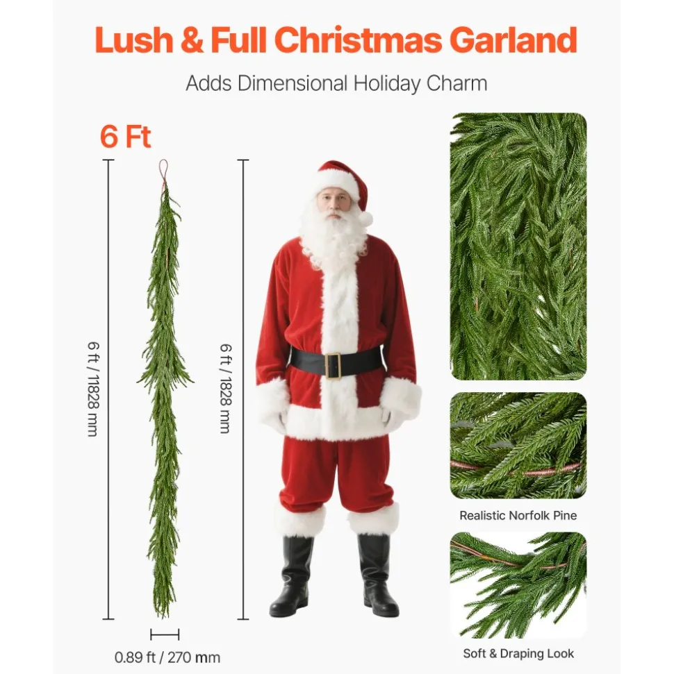 VEVOR Christmas Garland, 6-FT Realistic Norfolk Pine Garland, Evergreen Real Touch Artificial Faux Greenery Garlands, for Holiday Indoor Outdoor Xmas Decoration on Table, Mantel, and Fireplace