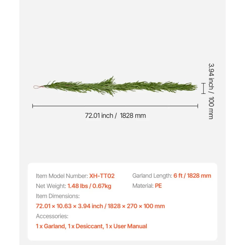 VEVOR Christmas Garland, 6-FT Realistic Norfolk Pine Garland, Evergreen Real Touch Artificial Faux Greenery Garlands, for Holiday Indoor Outdoor Xmas Decoration on Table, Mantel, and Fireplace