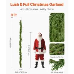 VEVOR Christmas Garland, 9-FT Realistic Norfolk Pine Garland, Evergreen Real Touch Artificial Faux Greenery Garlands, for Holiday Indoor Outdoor Xmas Decoration on Table, Mantel, and Fireplace